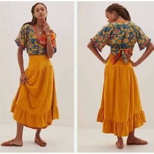 NWT Anthropologie Faux Suede Yoked Maxi Skirt in Honey Sz S Marigold Yellow